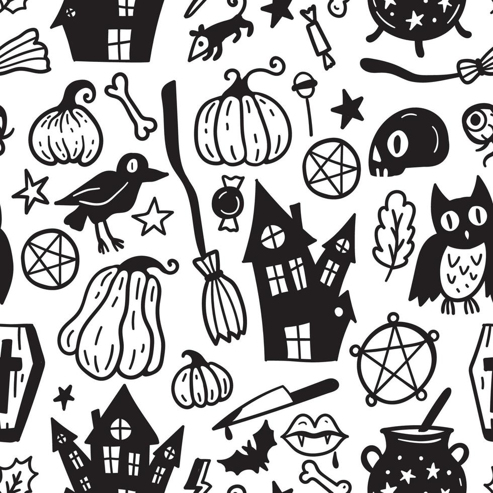 Monochrome seamless pattern of horror Halloween hand drawn doodle elements. vector