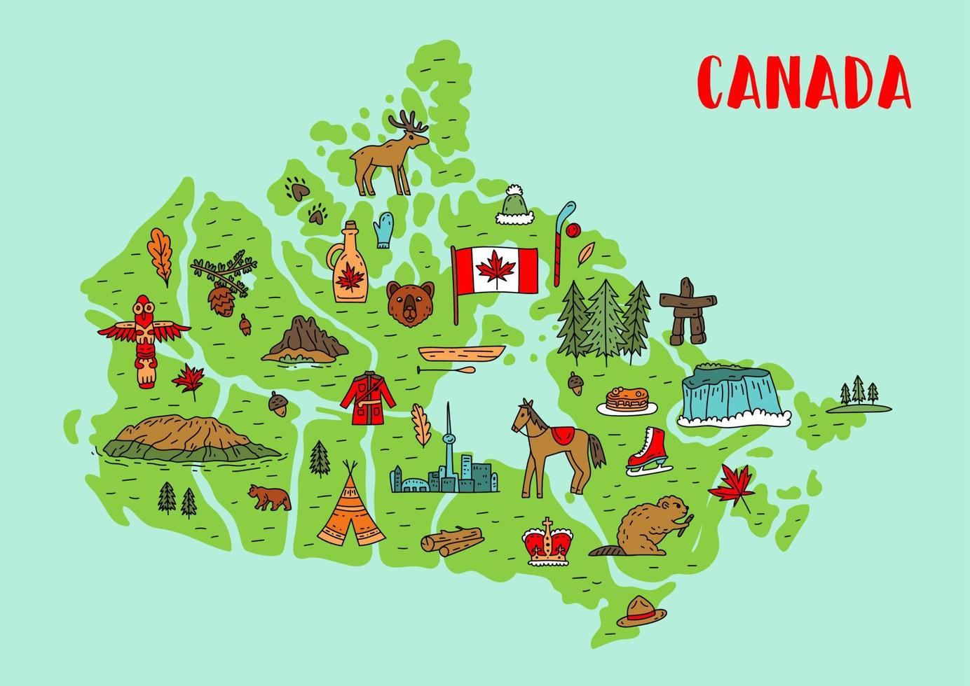 Illustrated map of Canada. Tourist and travel landmarks. Vector illustration.