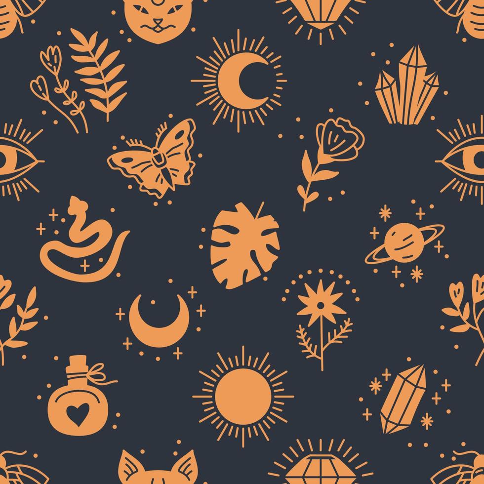 Seamless pattern of Mystical and Astrology objects in boho style vector