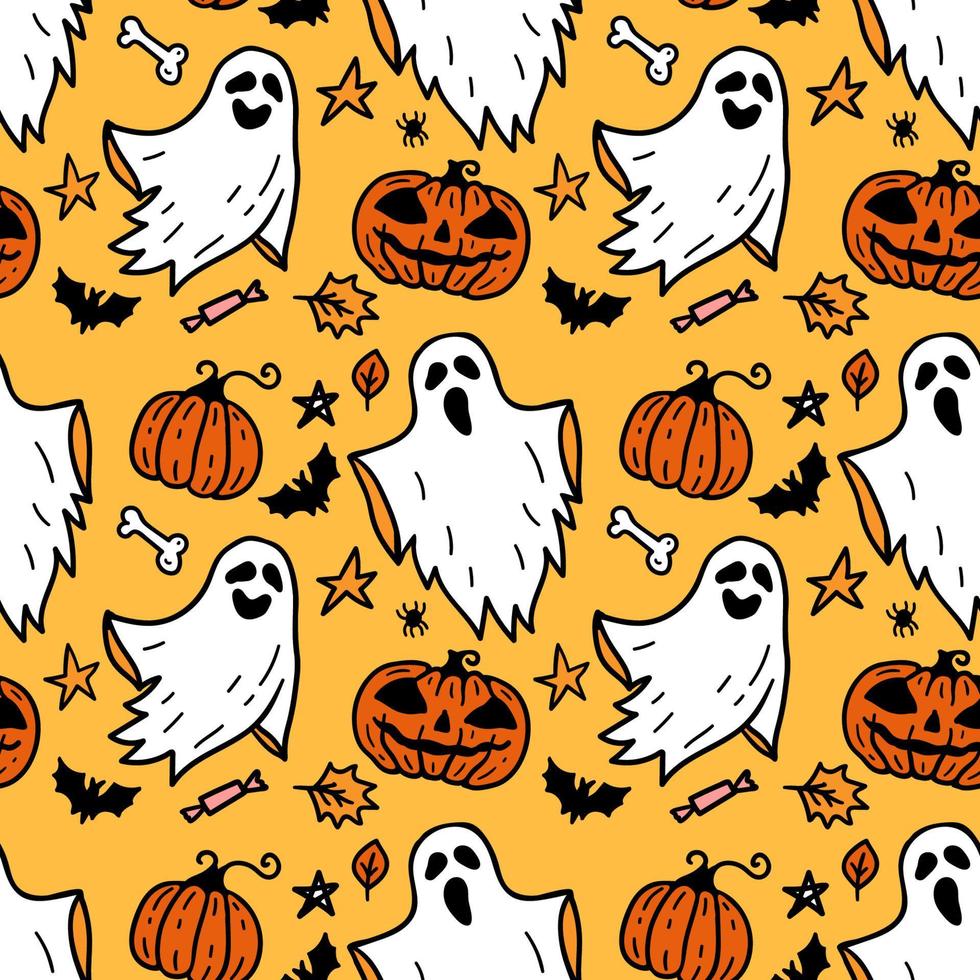 Cloth Ghost with pumpkin seamless pattern. Horror Halloween doodle background vector