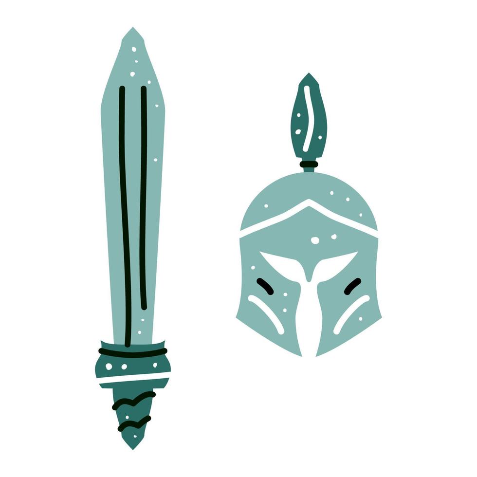 Spartan helmet and sword isolated on white background. Vector illustration.