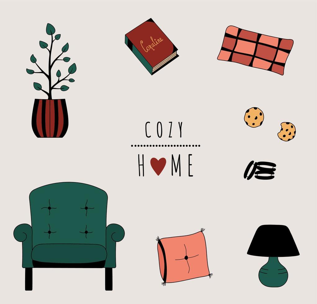 Doodle set cozy home stickers. Isolated hand drawn armchair, pillows, lamp, cookies, house plant, book clip art. Vector illustration of interior items