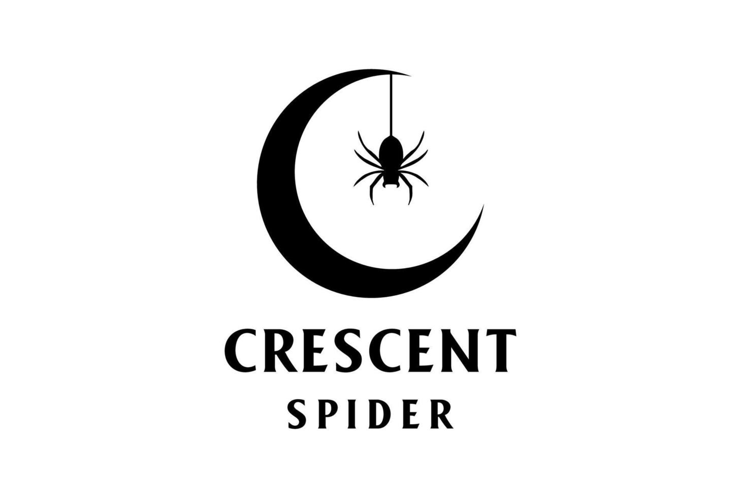 Simple Crescent Moon with Hanging Black Spider Widow Tarantula Silhouette Logo Design vector