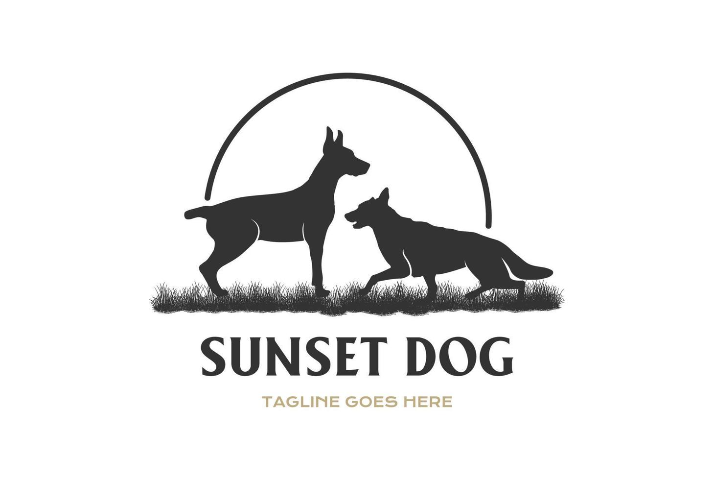 Sunset Sunrise Doberman Pinscher and German Shepherd Dog on Grass Logo Design Vector