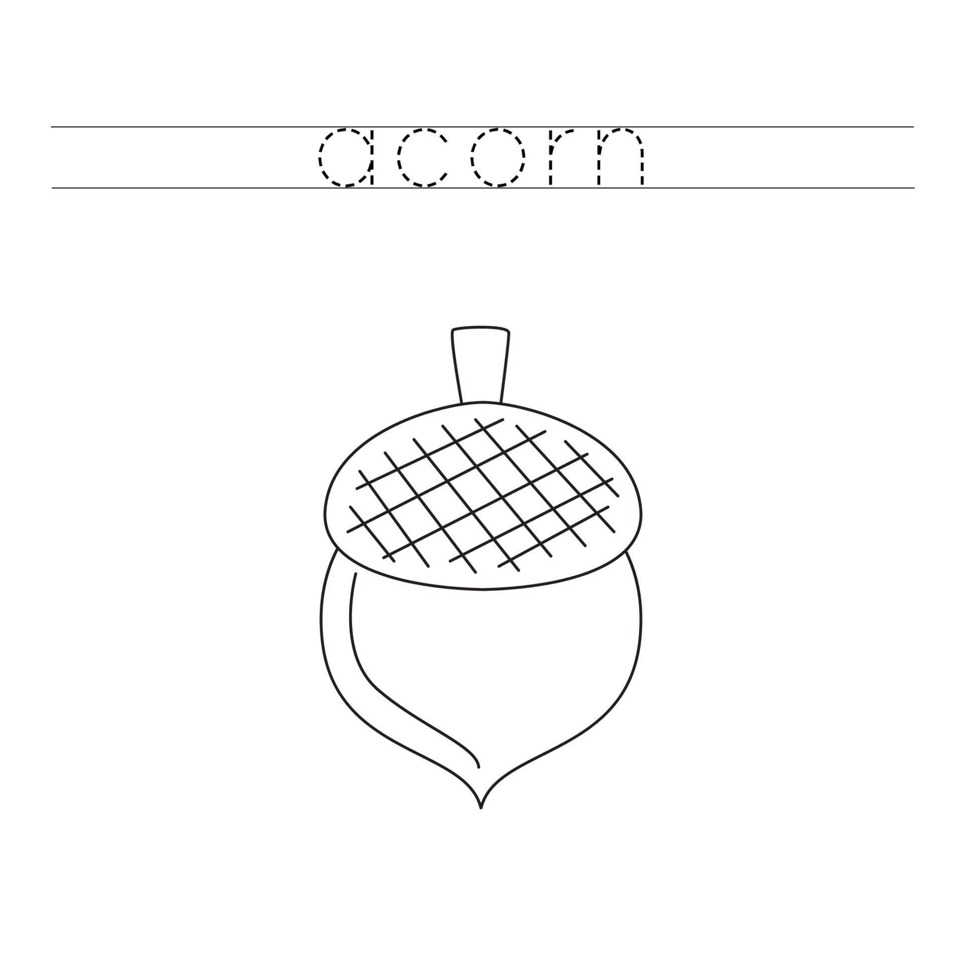 Trace the letters and color acorn. Handwriting practice for kids