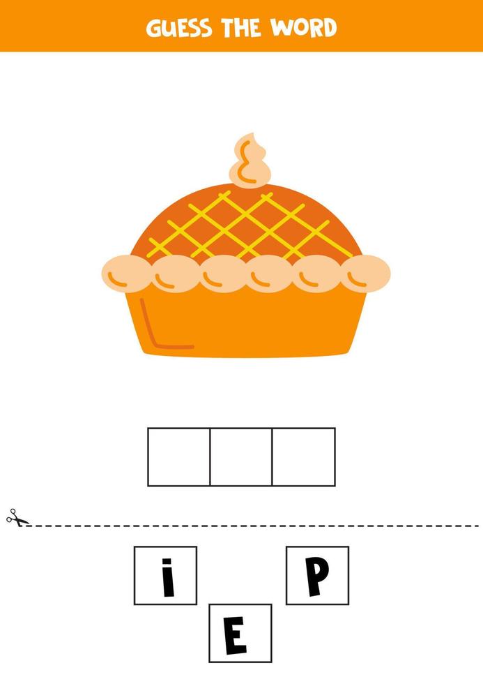 juego de ortografía para niños en edad preescolar. tarta de manzana de dibujos animados. vector