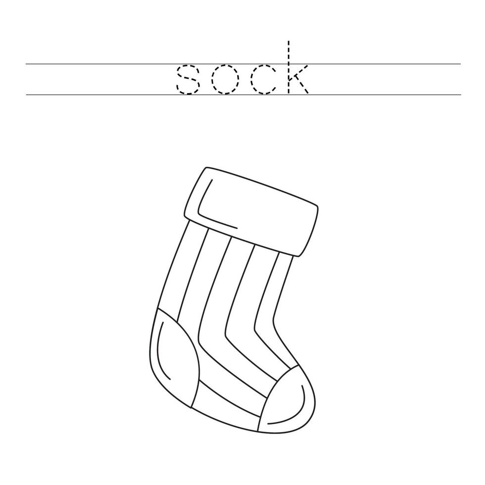 Trace the letters and color warm sock. Handwriting practice for kids. vector