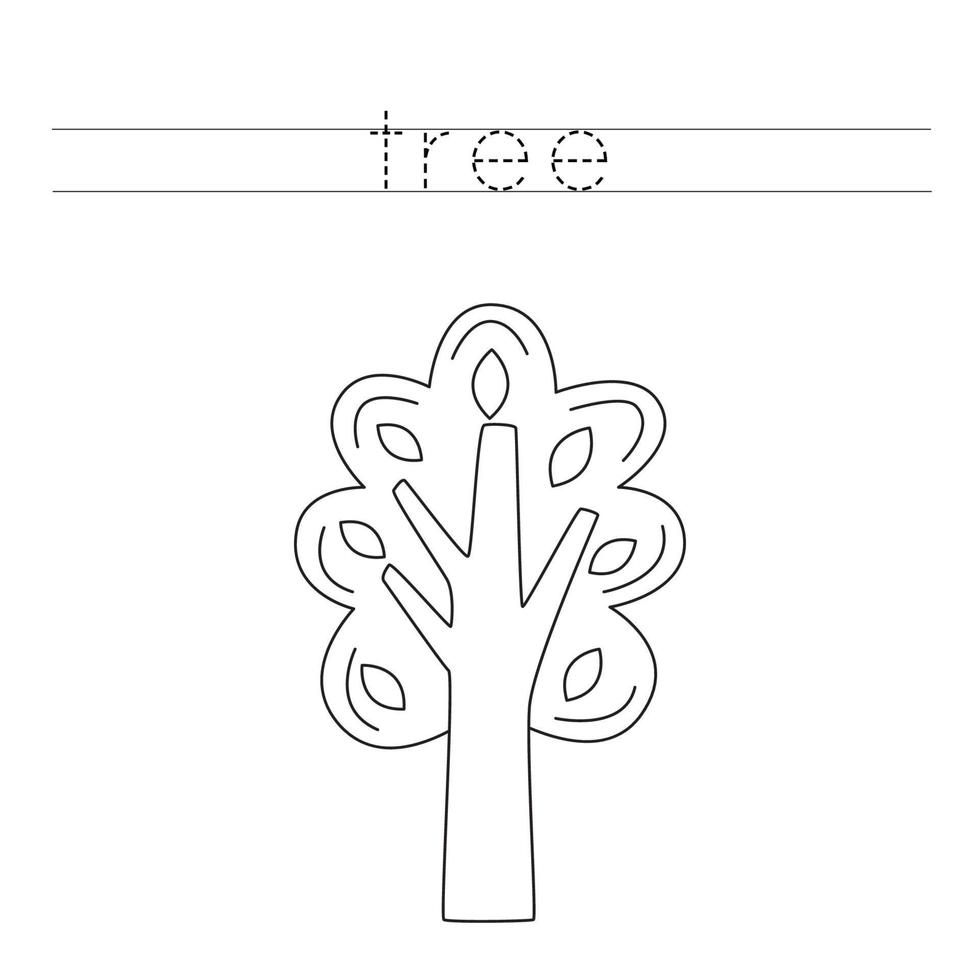 Trace the letters and color autumn tree. Handwriting practice for kids. vector