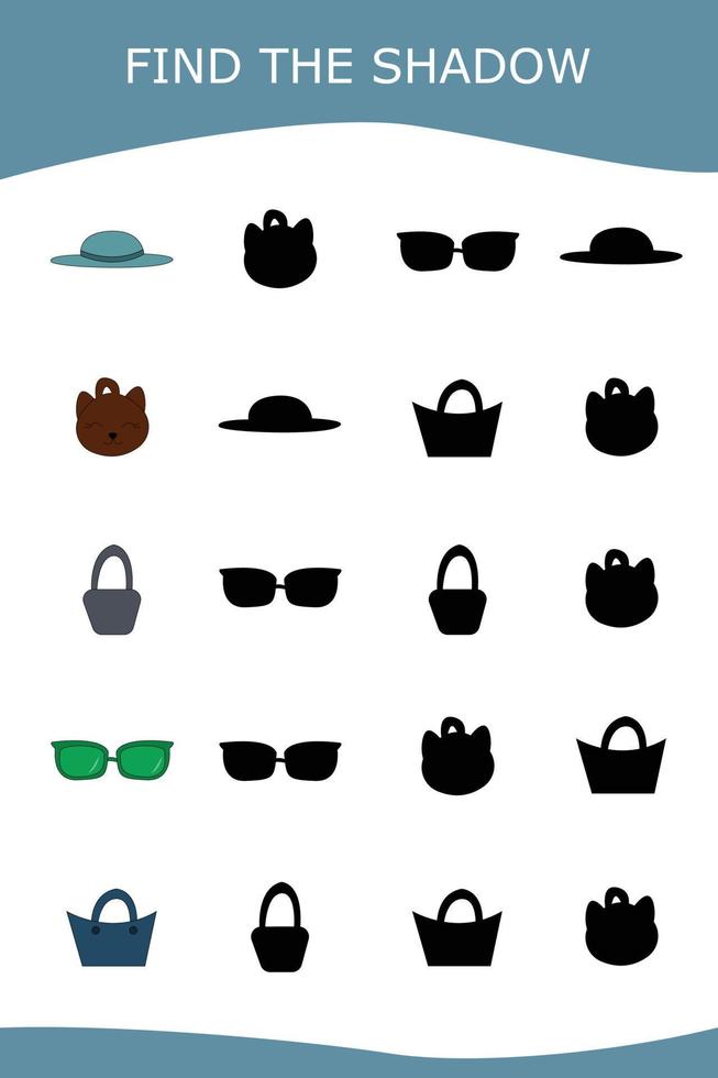 Find correct shadow with bags, sunglasses.  Kids educational game. vector