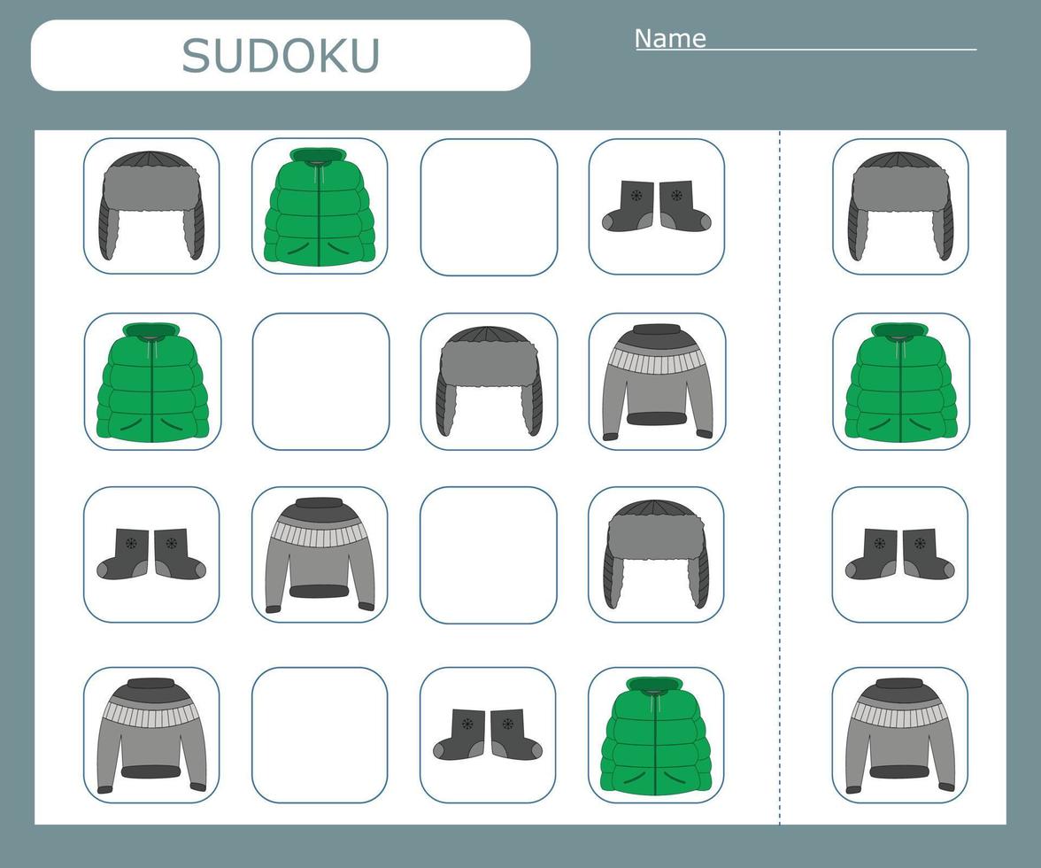 Sudoku game for children with   wild  clothes. Kids activity sheet . vector