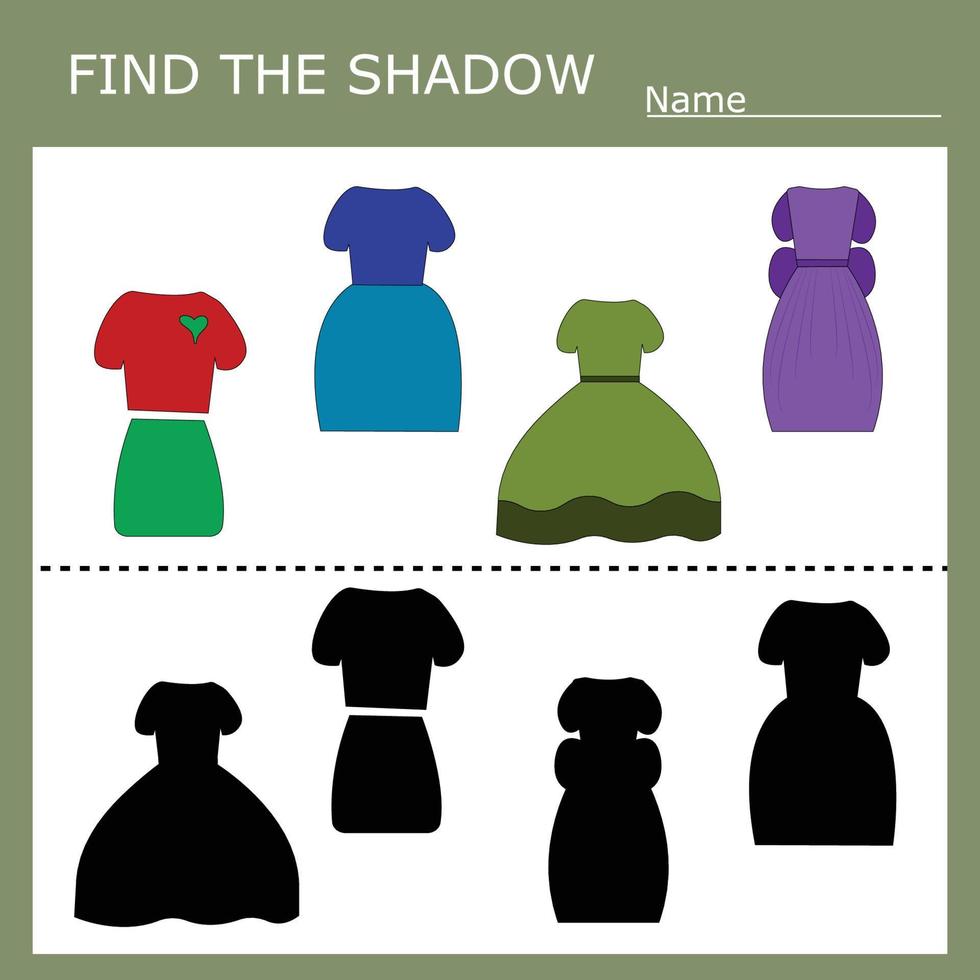 Colorful clothes for kids. Find the correct shadow. Educational game for children. vector