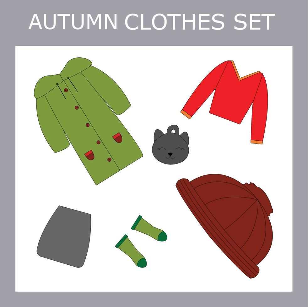 A set of clothes for a little beautiful girl in the fall a hat,  a raincoat,  a shirt, boots,a bag,  a skirt. Outfit for a child in autumn vector