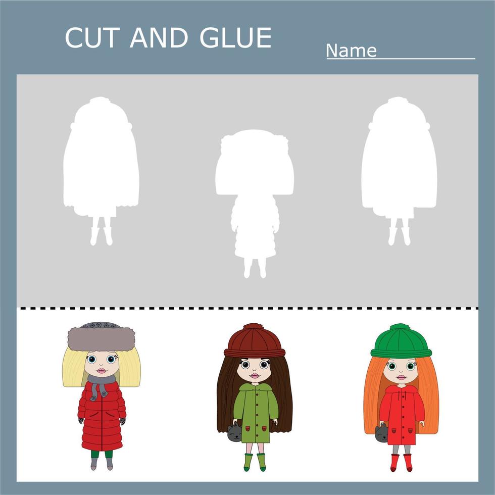 worksheet vector design, the task is to cut and glue a piece on  cute girls, dolls.  Logic game for children.