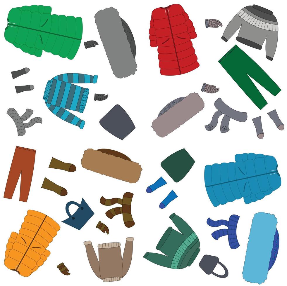 A set of clothes for a little beautiful girl for the winter jacket, hat, scarf, boots, mittens, skirt, sweater. Outfit for a child in autumn vector