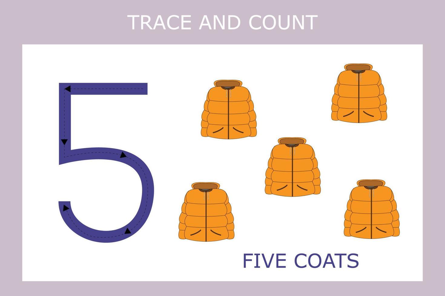 A game of tracing the outlines of the number five with coats . Preschool worksheet, kids activity sheet, printable worksheet vector