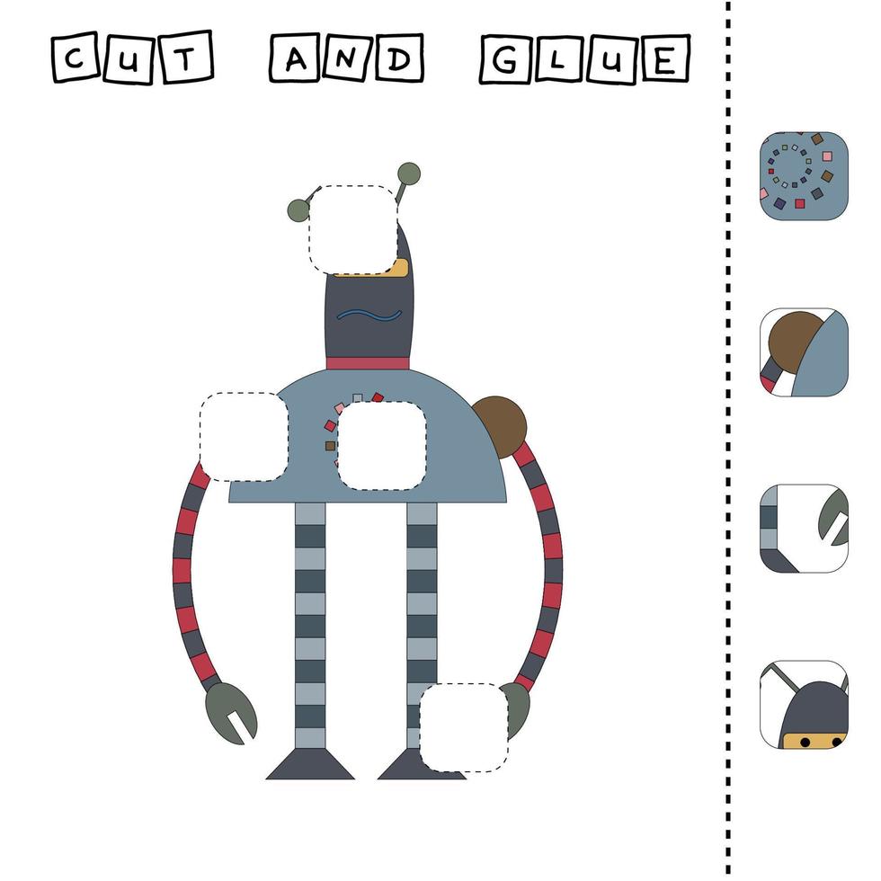 worksheet vector design, the task is to cut and glue a piece on robot.  Logic game for children.