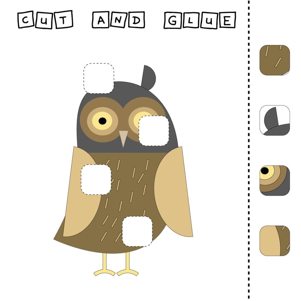 Paper game for the development of preschoolers. Cut out parts of the image and glue on the owl. A fun game for kids vector