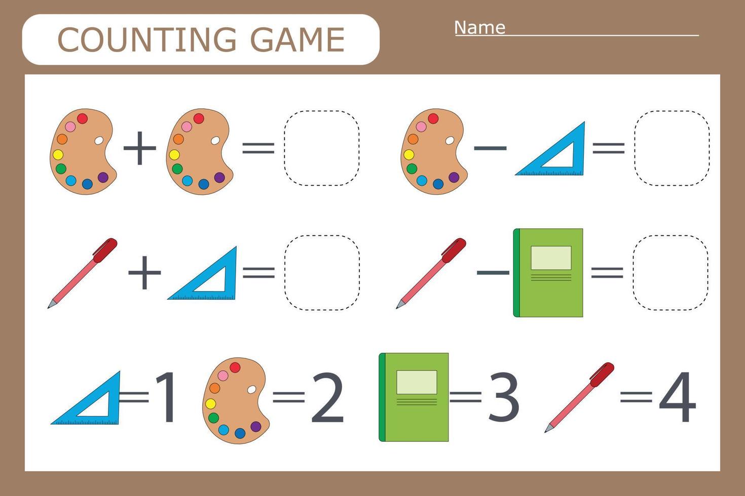 counting game with school supplies. Preschool worksheet, kids activity sheet, printable worksheet vector