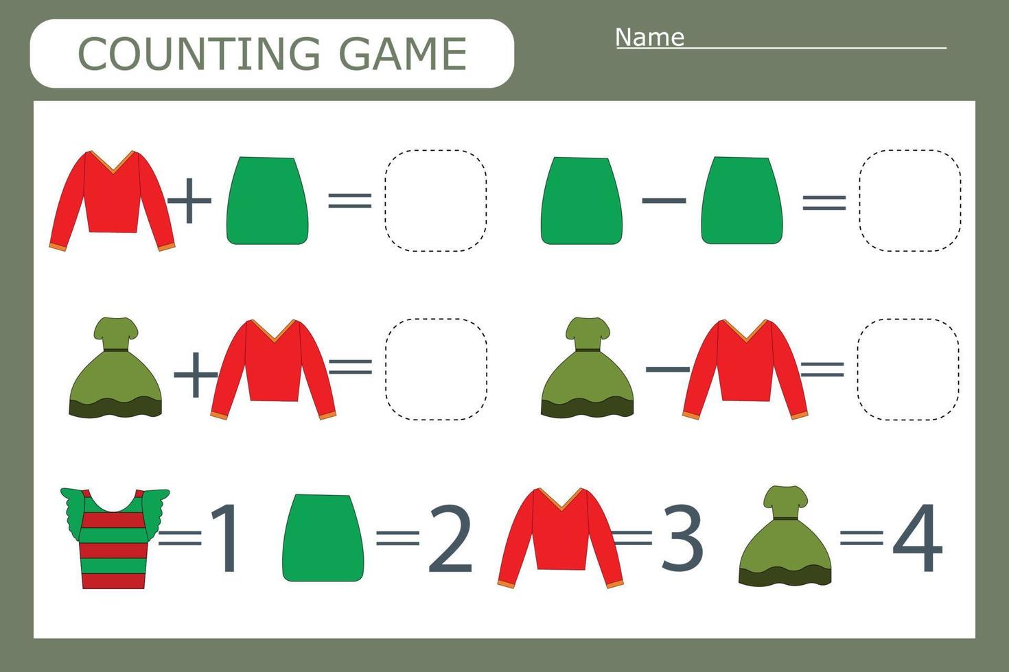 Counting game for preschool children. Solve the riddle with the help of children's clothes and solve the examples vector