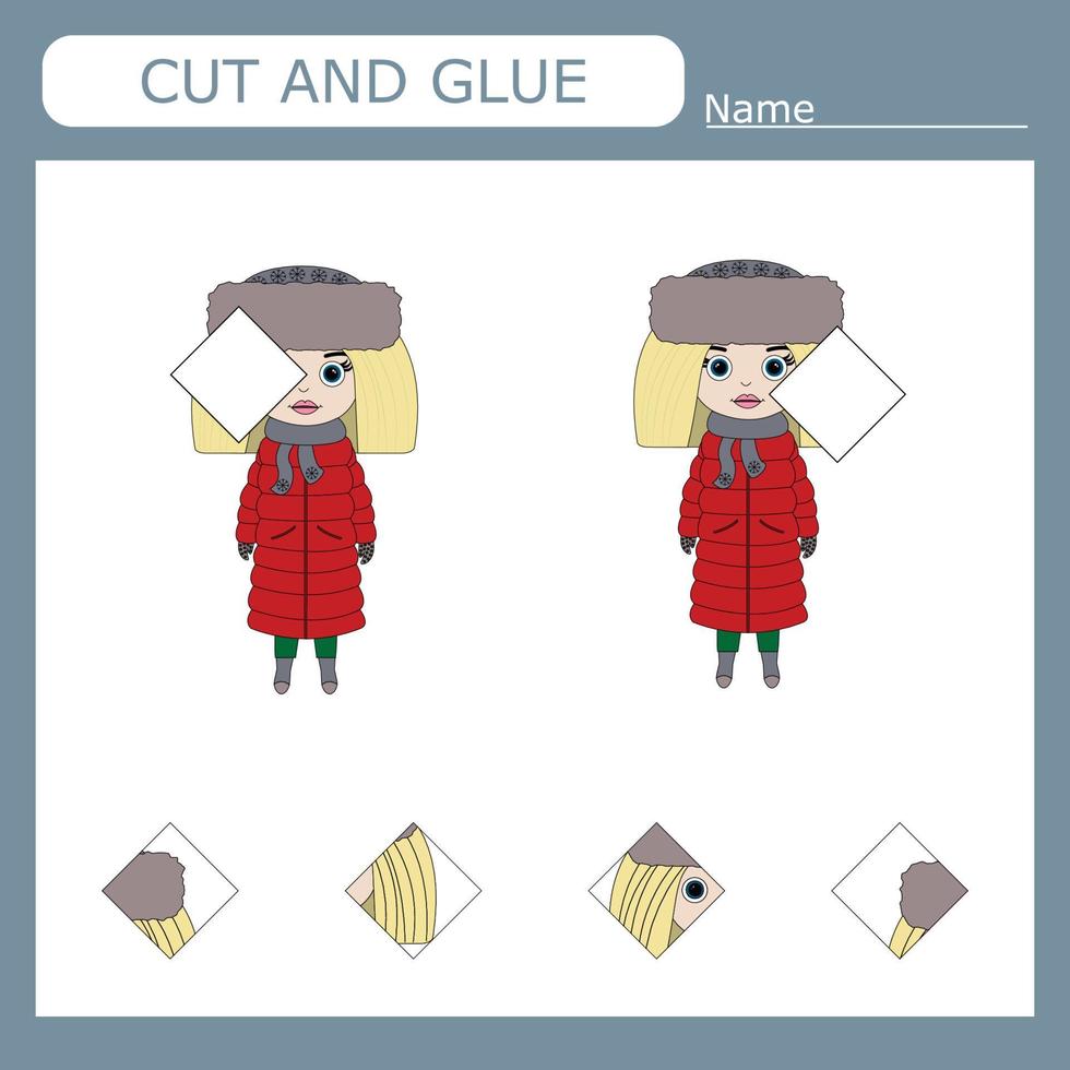 Vector illustration of an cute little girl who needs to pick up and cut out the missing detail. Educational paper game for kids. Cutout and gluing