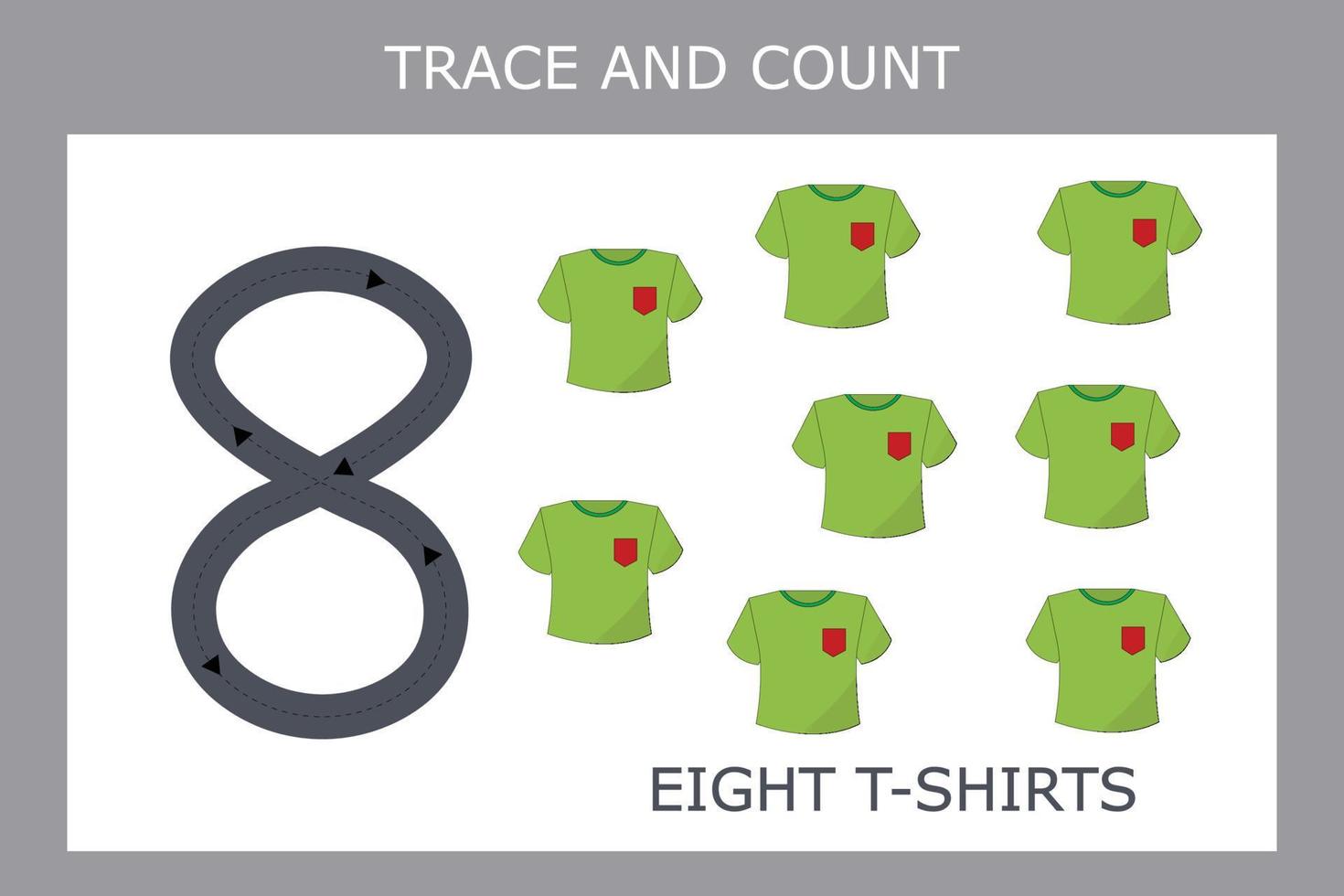 A game of tracing the outlines of the number eight with t shirts. Preschool worksheet, kids activity sheet, printable worksheet vector