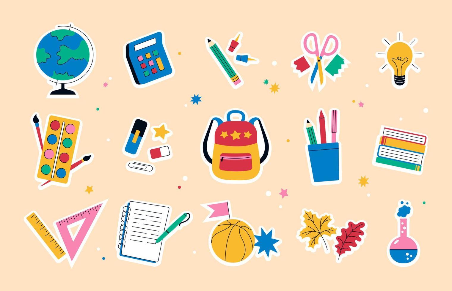 A collection of fun trendy bright Back to School badges for students with school supplies. A set of stickers, icons. Flat cartoon style. vector