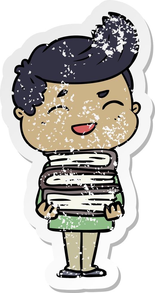 distressed sticker of a cartoon man laughing holding books vector