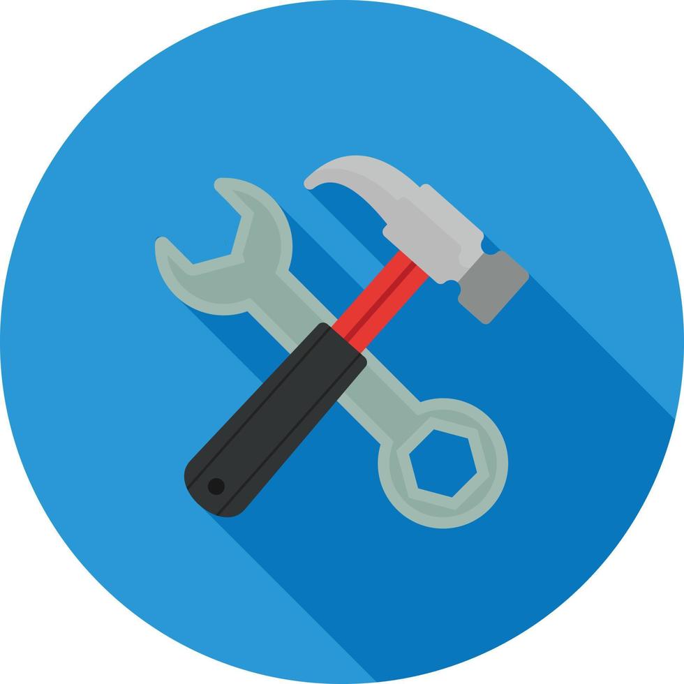 Icono de sombra larga plana de llave y martillo vector