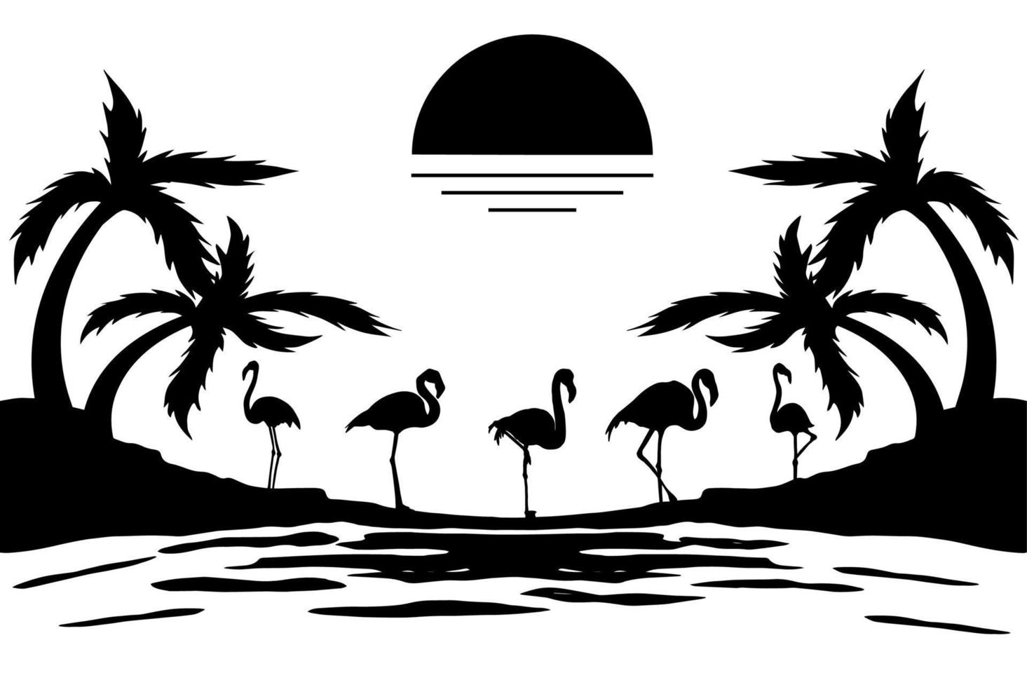 silueta, flamingo, en, playa, ilustraciones, fondo blanco vector