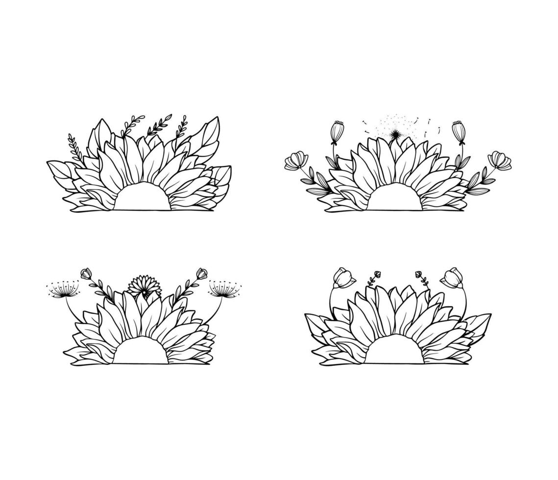 Collection of Decoration Half Sunflower with Floral Illustrations Vector