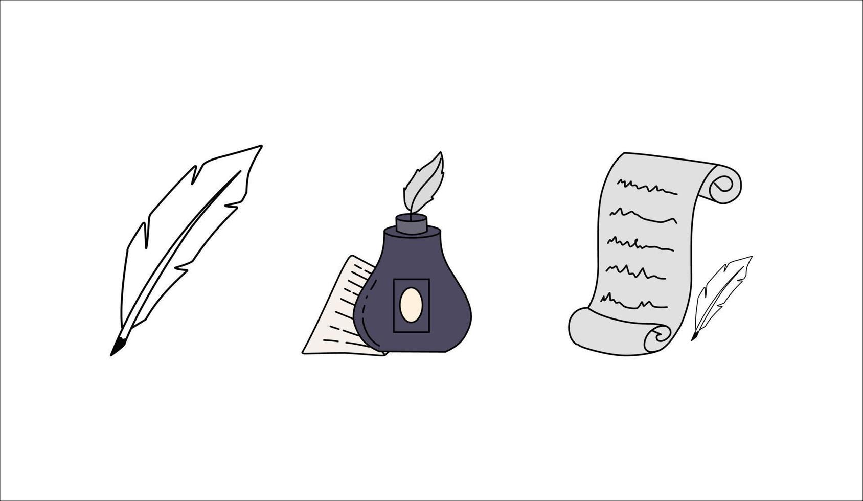 Ink Bottle and Quill Pen with Paper Vector Design