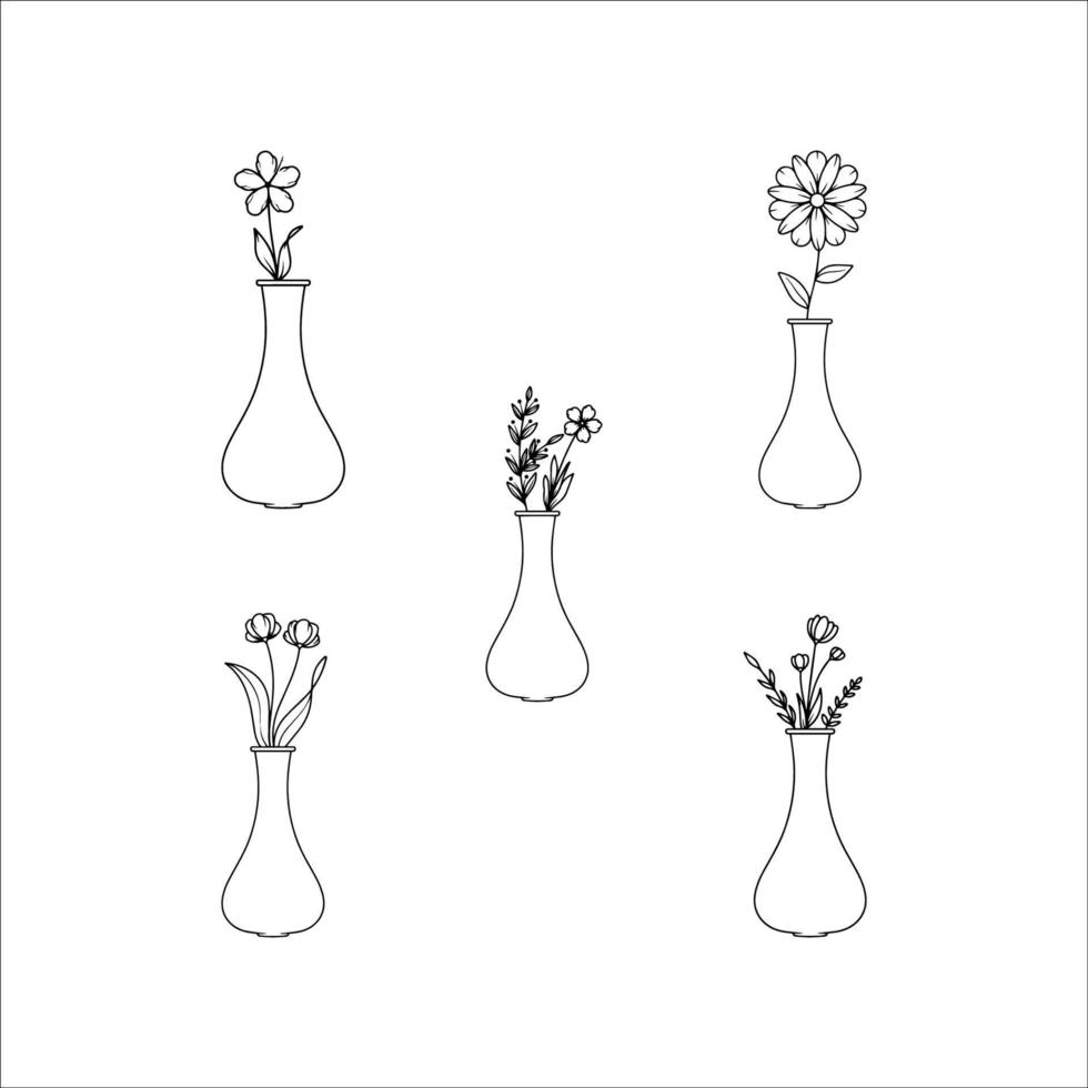 colección de ilustraciones de arte lineal de jarrones de flores vector