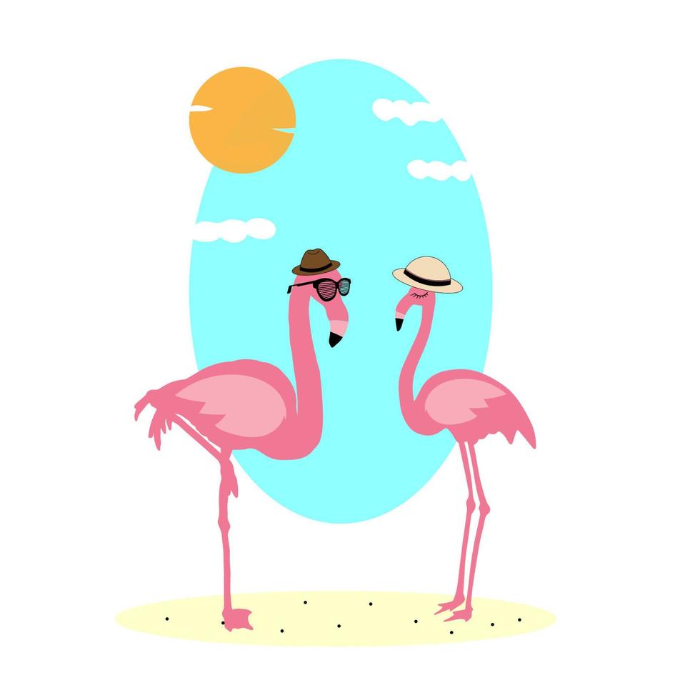 Travel on Beach Couple Flamingo Pink Vector