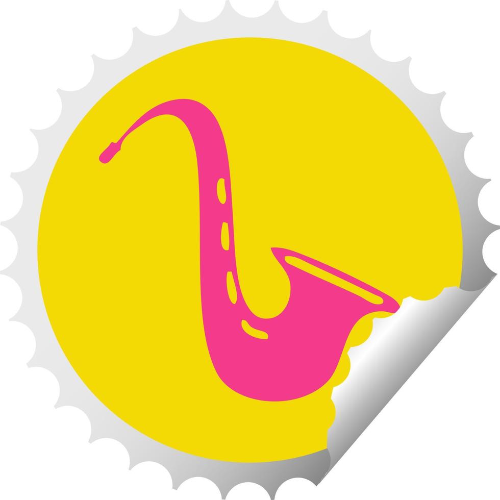 saxofón musical de dibujos animados de etiqueta adhesiva circular vector