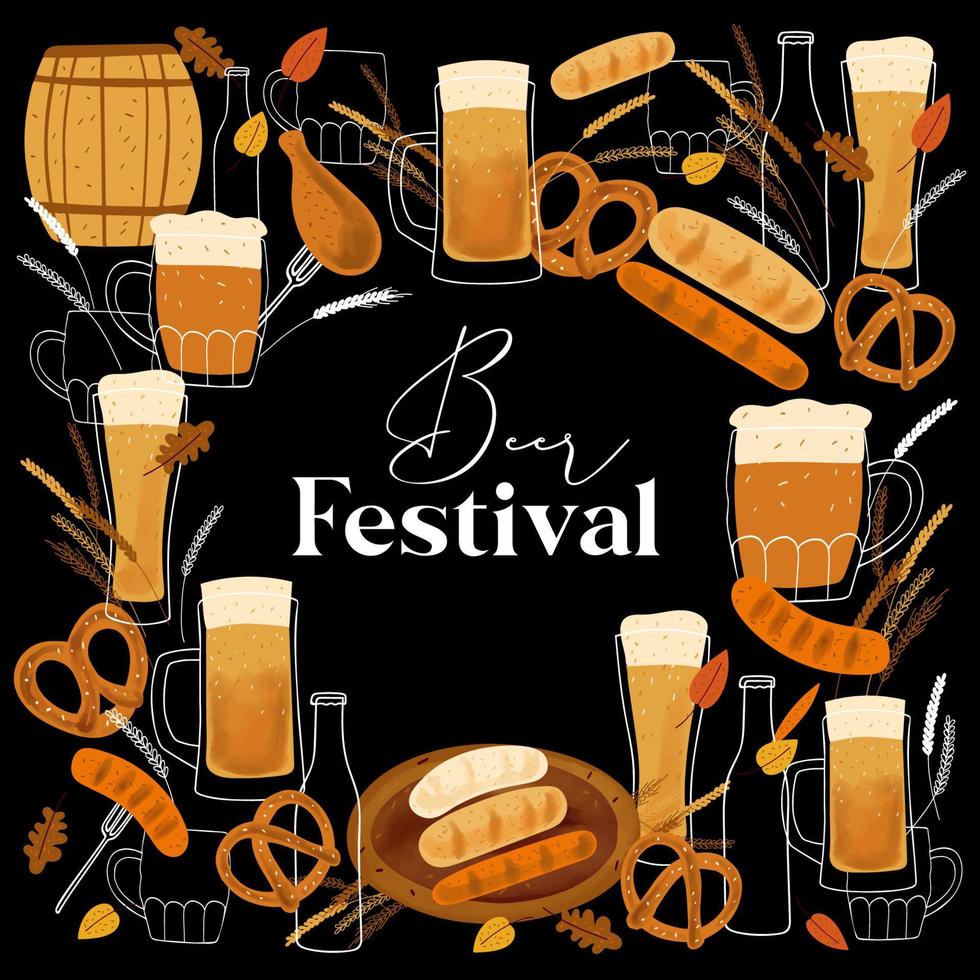 diseño de la tarjeta del festival de la cerveza con jarras ilustrativas estilizadas de cerveza, bocadillos de pretzel y salchichas a la parrilla sobre fondo negro vector