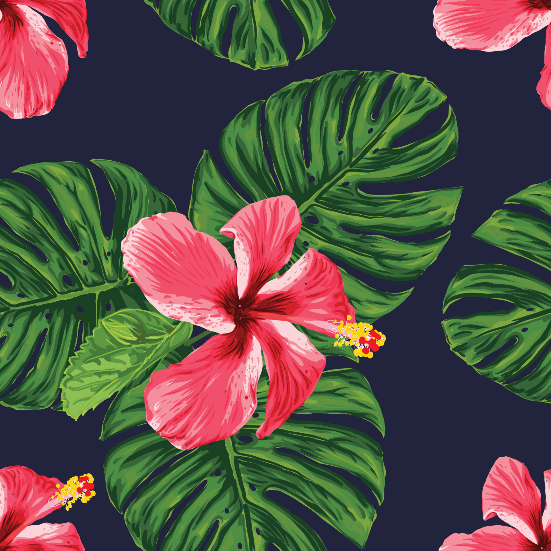 Seamless pattern tropical floral with red Hibiscus flowers and monstera