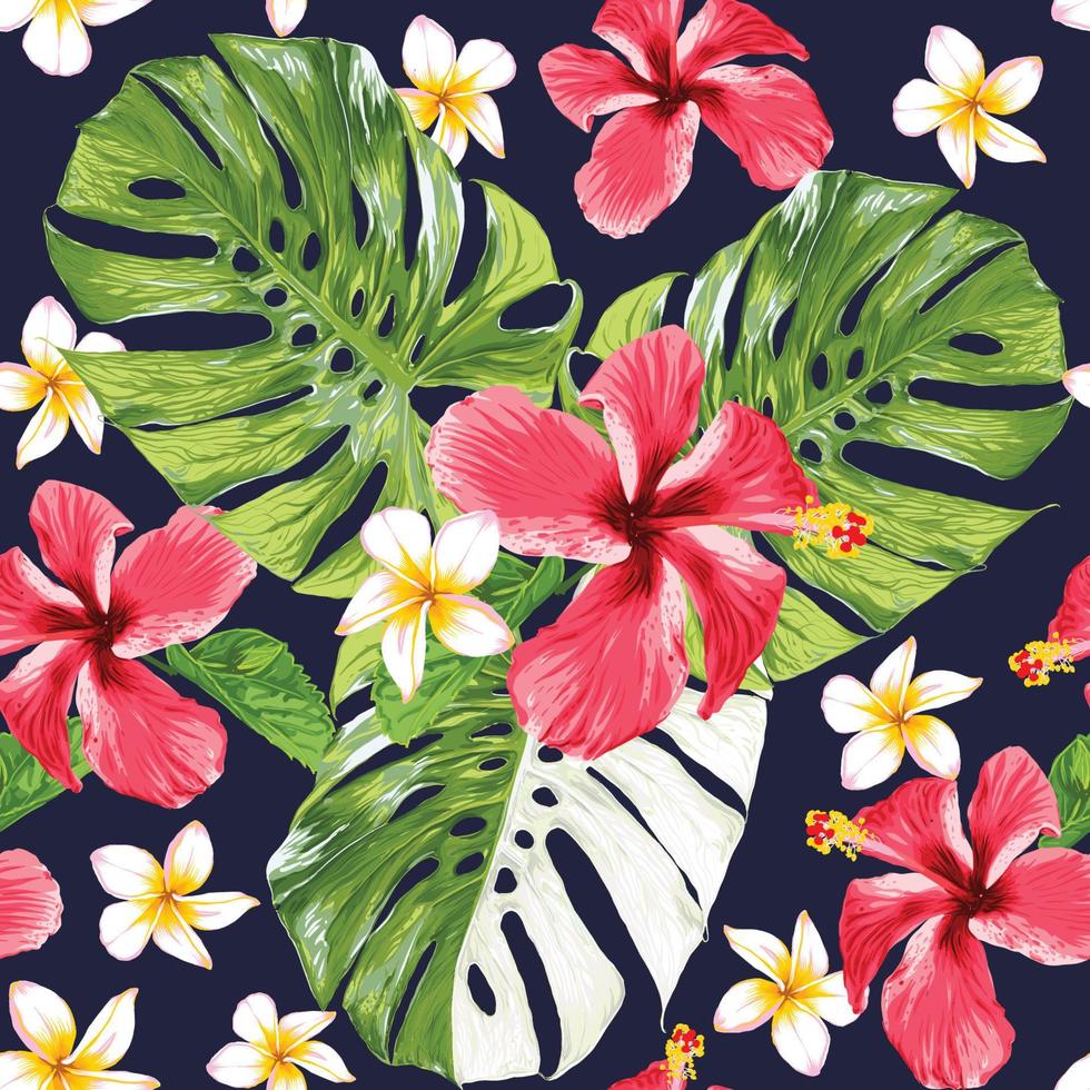 Seamless pattern Hibiscusand frangipani flowers monstera green leaf background.Vector illustration dry watercolor hand drawing stlye.Fabric design texitle vector