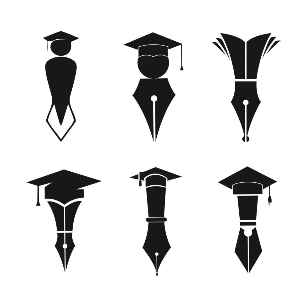 Creative graduation pen and cap black icon. vector