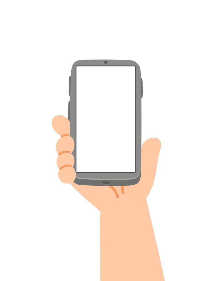 mano sujetando el smartphone negro con pantalla en blanco aislado en fondo blanco vector