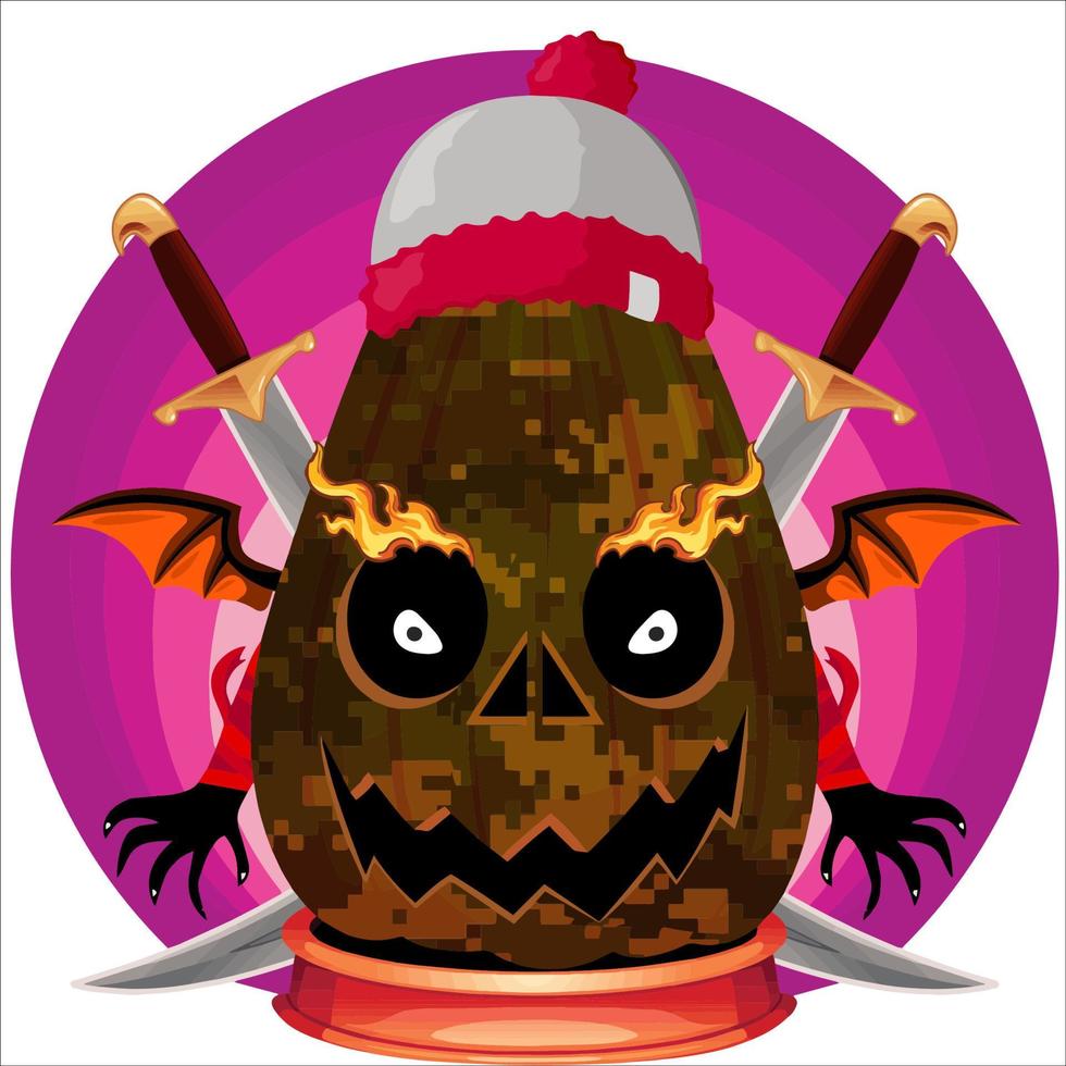 fiesta espeluznante cabeza de calabaza de halloween con arma en la parte de atrás. cara de calabaza de halloween. adecuado para el logotipo de e sport, camiseta y otros vector