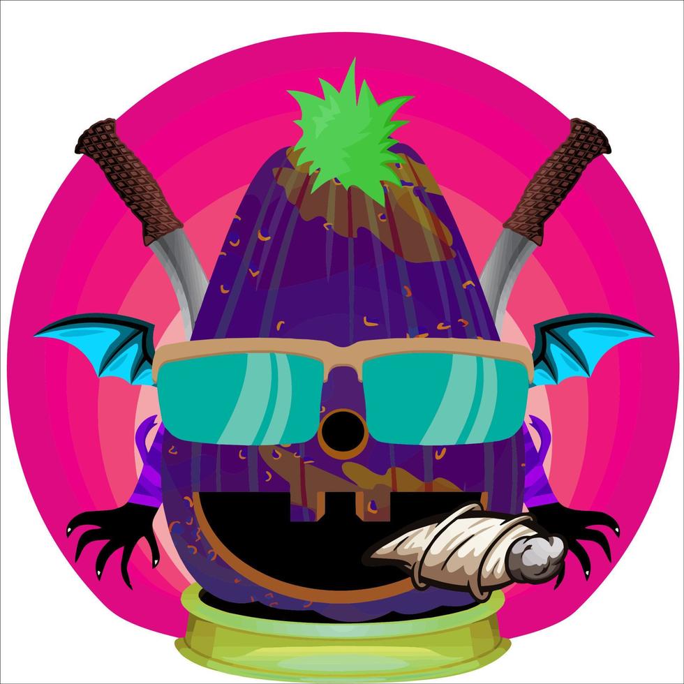 fiesta espeluznante cabeza de calabaza de halloween. cara de calabaza con arma en la espalda. adecuado para el logotipo del deporte electrónico, la camiseta y otras cosas impresas. vector