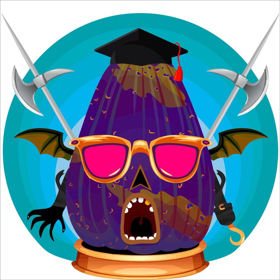 fiesta espeluznante cabeza de calabaza de halloween. cara de calabaza con arma en la espalda. adecuado para el logotipo del deporte electrónico, la camiseta y otras cosas impresas. vector