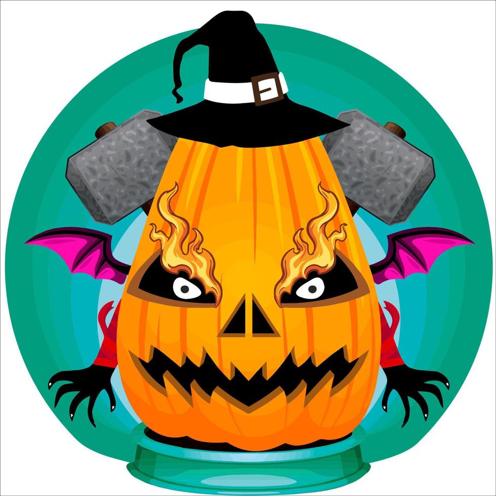 fiesta espeluznante cabeza de calabaza de halloween. cara de calabaza con arma en la espalda. adecuado para el logotipo del deporte electrónico, la camiseta y otras cosas impresas. vector