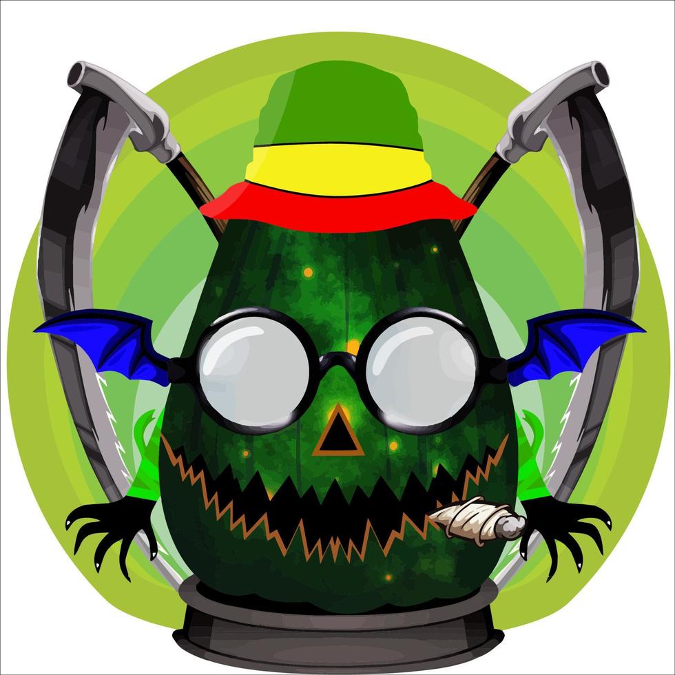 Creepy Party Halloween Pumpkin Head. Pumpkin Face with Weapon in the Behind. Suitable for E Sport Logo, T-Shirt and Others Print Stuff. vector