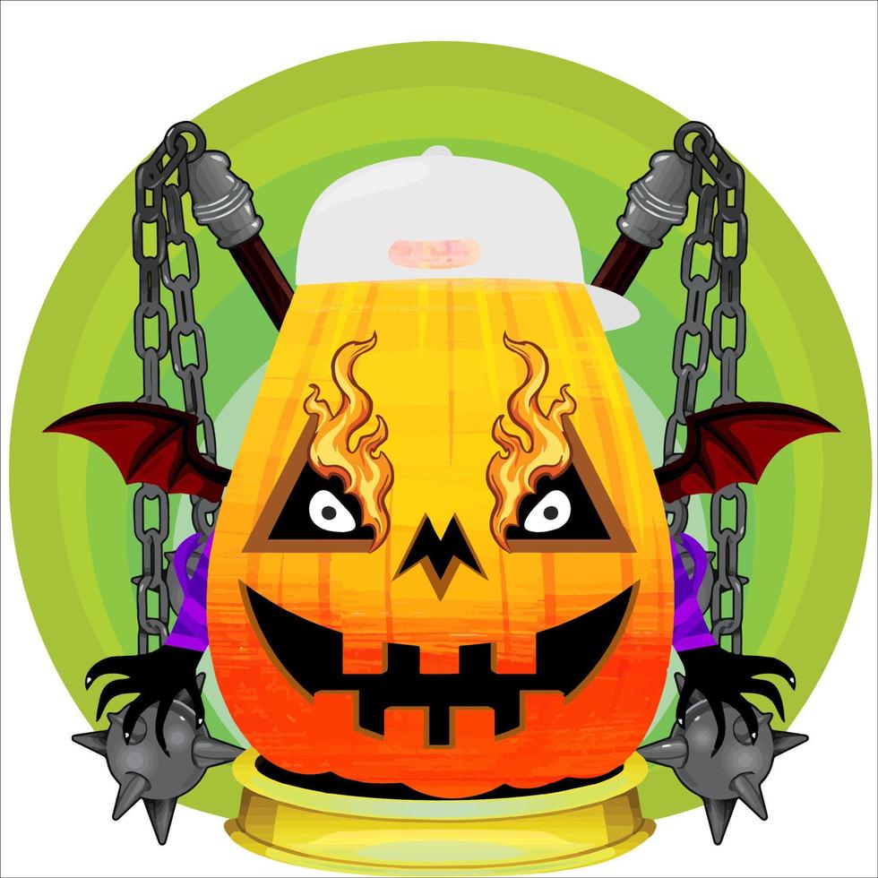 fiesta espeluznante cabeza de calabaza de halloween. cara de calabaza con arma en la espalda. adecuado para el logotipo del deporte electrónico, la camiseta y otras cosas impresas. vector