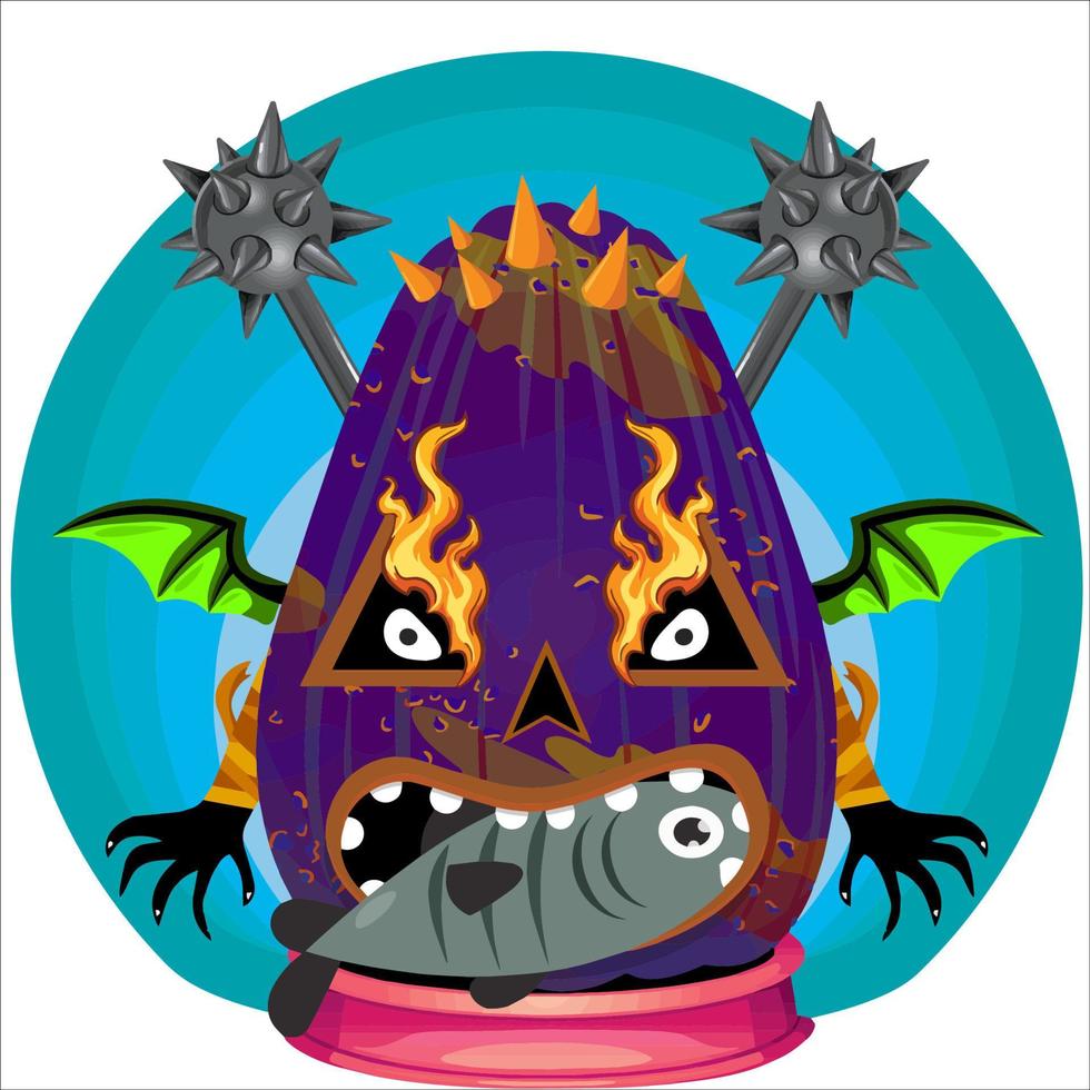 Creepy Party Halloween Pumpkin Head. Pumpkin Face with Weapon in the Behind. Suitable for E Sport Logo, T-Shirt and Others Print Stuff. vector