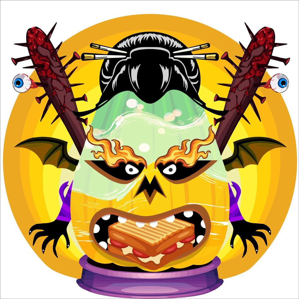 fiesta espeluznante cabeza de calabaza de halloween. cara de calabaza con arma en la espalda. adecuado para el logotipo del deporte electrónico, la camiseta y otras cosas impresas. vector