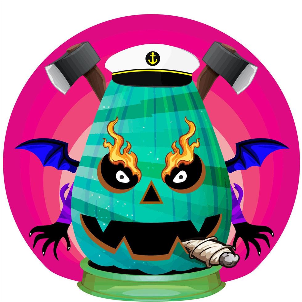 fiesta espeluznante cabeza de calabaza de halloween. cara de calabaza con arma en la espalda. adecuado para el logotipo del deporte electrónico, la camiseta y otras cosas impresas. vector