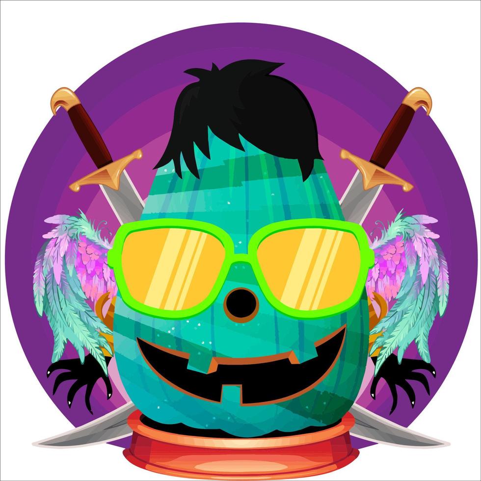 Creepy Party Halloween Pumpkin Head with Weapon in the Behind. Halloween Pumpkin Face. Suitable for E Sport Logo, T Shirt and Others vector