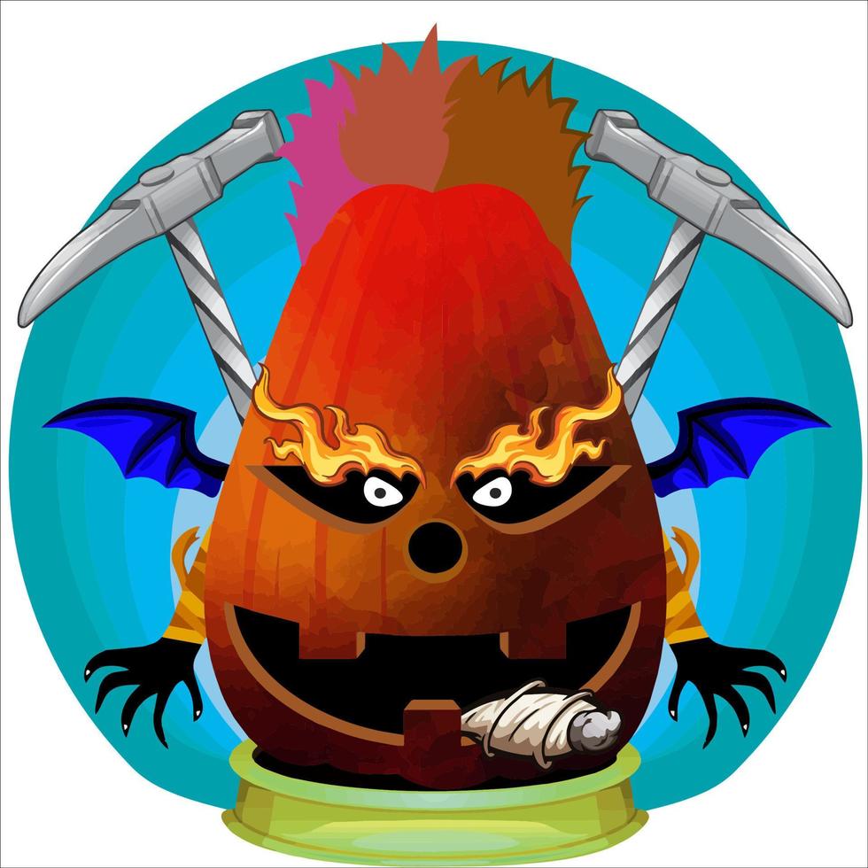 Creepy Party Halloween Pumpkin Head. Pumpkin Face with Weapon in the Behind. Suitable for E Sport Logo, T-Shirt and Others Print Stuff. vector